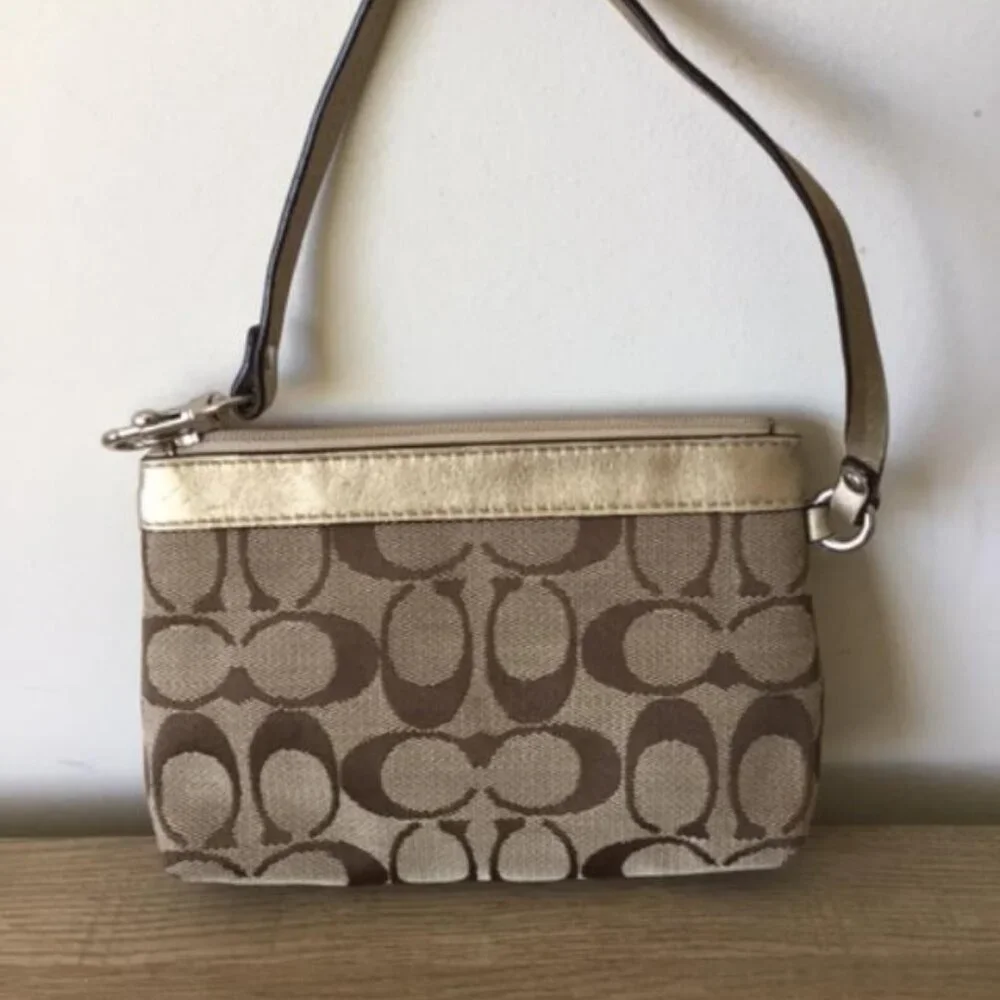 Coach Pleated Wristlet in Khaki and Tan Signature C Jacquard w/Gold Leather Trim - Picture 5 of 10